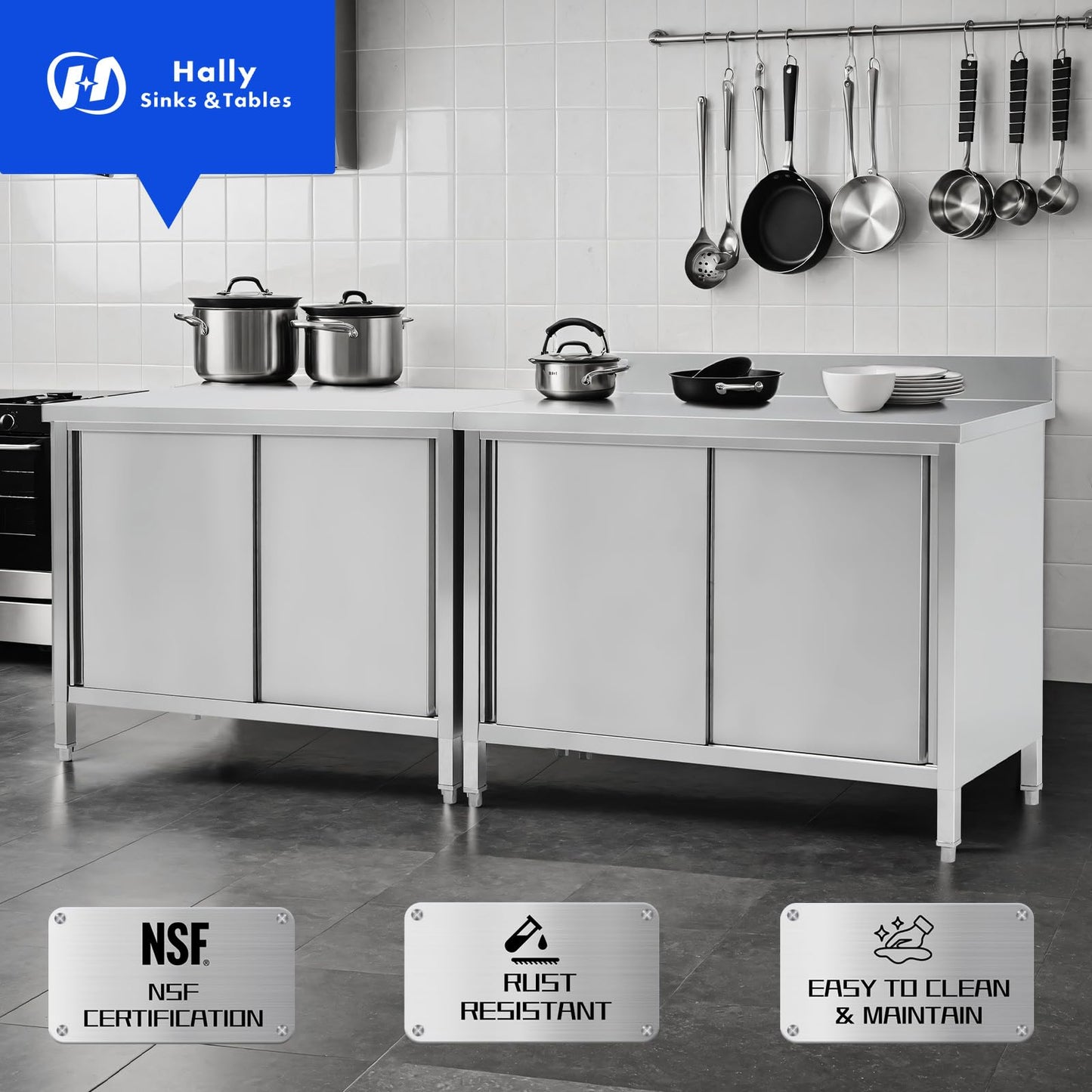 Hally Stainless Steel Cabinet, 24" x 60" NSF Commercial Heavy Duty Prep Workbench with Backsplash and Two Sliding Doors, Large Storage Cabinet, Metal Table for Kitchen, Restaurant, Garage