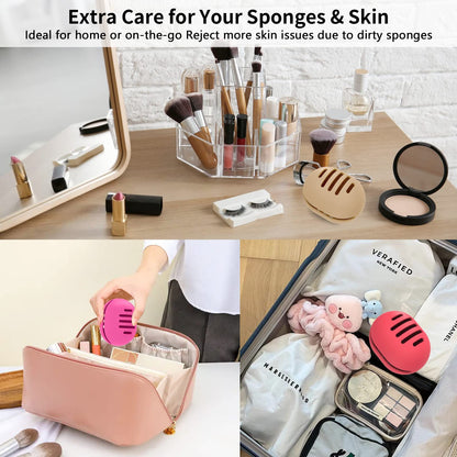 2 Pcs Makeup Sponge Holder,Double-Sided Breathable Silicone Beauty Blender Holder for Travel or Daily,Shatterproof Make-up Travel Case Quick Drying Easy to Carry,Grey+Pink