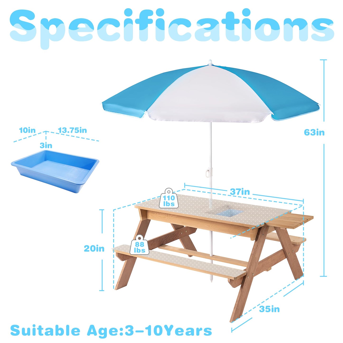 3 in 1 Outdoor Wooden Picnic Table with Umbrella, Convertible Sand Wate, Gray CPSIA Certification