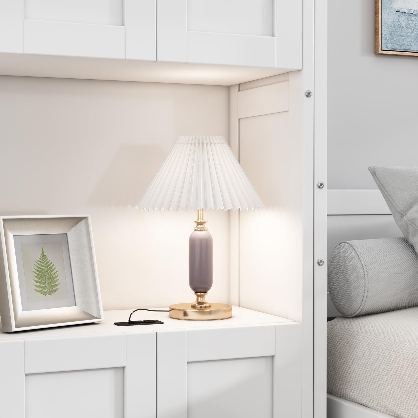 DNYN Queen Size Murphy Bed with Desk & Two Slide Storage Shelf for Small Space,Bedroom,Guest Room,Wooden Wall Bedframe w/Folding into Cabinet Design,Super Save Space & No Box Spring Needed, White