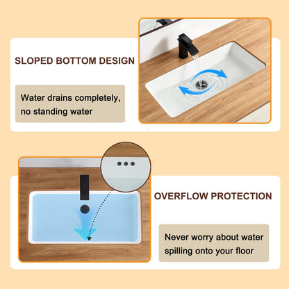 DEHOMEN 32 inch Undermount Bathroom Sink with Overflow for Shared Bathroom, Large Rectangular Single Bowl Vanity Basin For Modern Master Suite Double Faucet Setup, Porcelain Lavatory Vessel,White