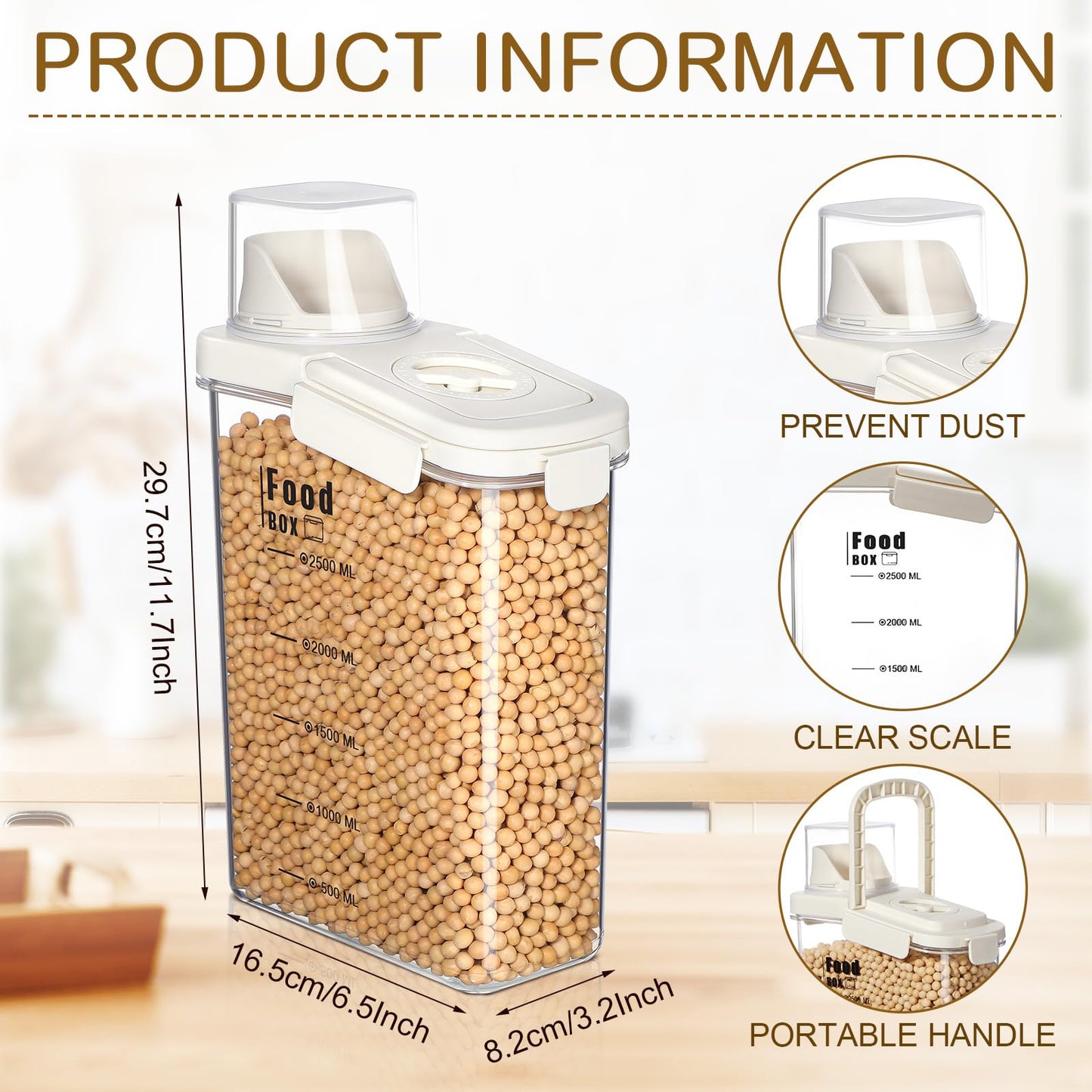 Blushtier 4 PCS Cereal Containers Storage 2.5L Airtight Large Dry Food Containers with Pouring Spout Cereal Storage Dispenser Measuring Cup for Flour and Baking Supplies, White