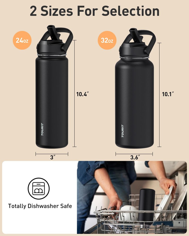 TOURIT 24 oz Insulated Water Bottle, Stainless Steel Water Bottles With Straw, Double Wall Vacuum Metal Thermos for Cold and Hot Drinks, Leak Proof BPA Free Water Flask for Sports and Travel, Hot Pink