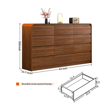 Messenya Modern 12-Drawer Dresser 63-Inch Wide, Curved Anti-Collision Design, Mid-Century Storage Cabinet with Pre-Embedded Slots, Sturdy Reusable, Ideal for Bedroom/Living Room/TV (Brown, 12-63)