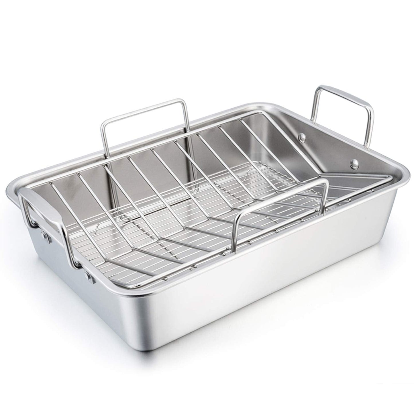 TeamFar Stainless Steel Roasting Pan, 16 Inch Large Turkey Roaster Lasagna Pan with V Rack & Cooling Rack Set for Roasting, Baking, Healthy & Heavy Duty, Deep Side & Dishwasher Safe - 3 PCS