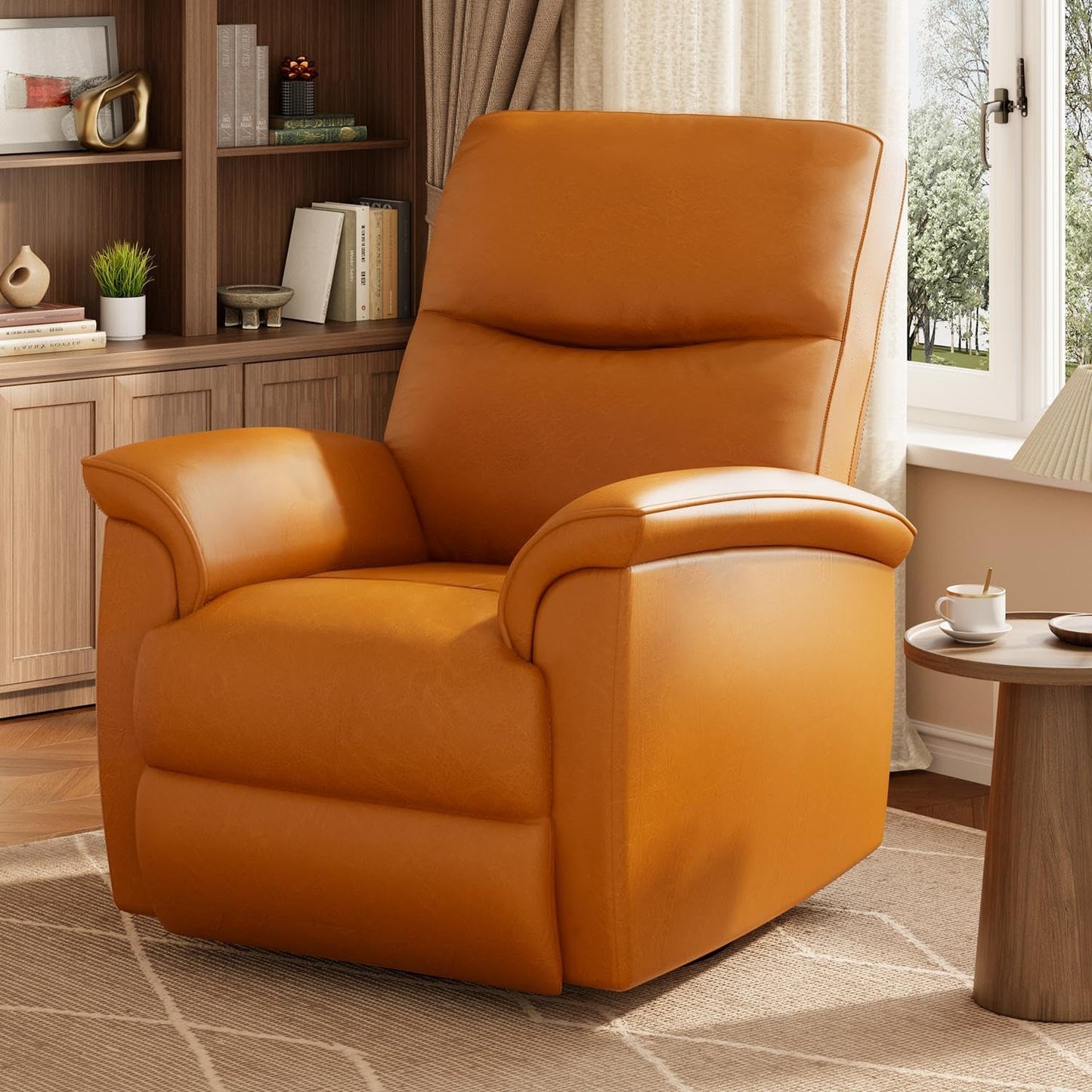 GarveeHome Recliner Chair, 360° Swivel Rocker Glider Nursery Chair with Padded Armrest and Deep Seat, PU Leather Upholstered Reclining Sofa Chair for Living Room, Bedroom and Nursery (Vibrant Orange)