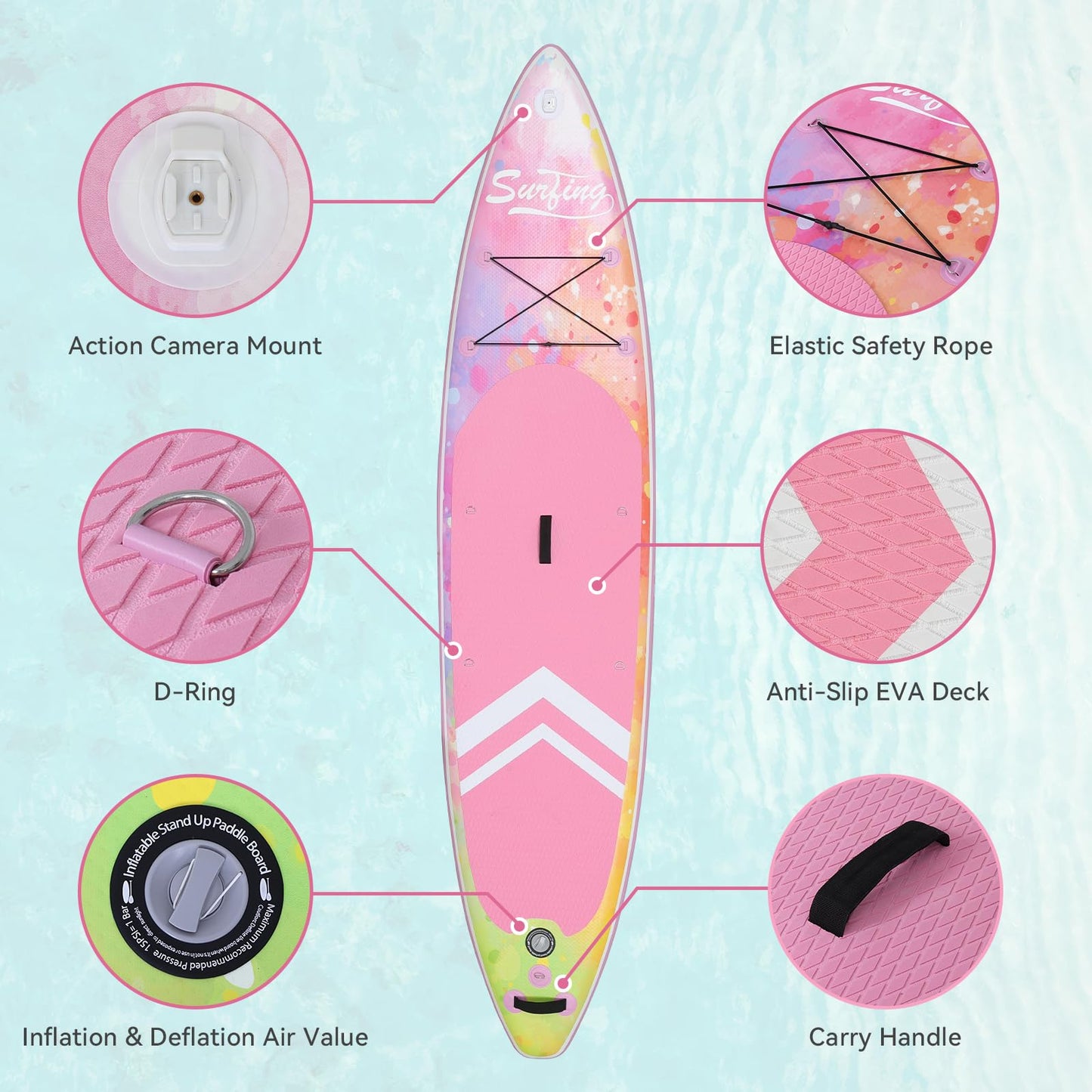 YUSING 11' Inflatable Stand Up Paddle Board, SUP Paddle Board, Portable Standing Board for Youth & Adult (Pink)