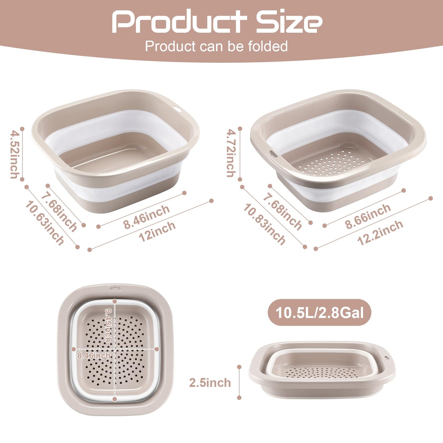 SINGARO 2.8 Gal (10.5L) Collapsible Dish Basin with Drain Basket Colanders, Multiuse Double-Layer Foldable Strainers Sink Tub, Collapsible Wash Basin Pan, Plastic Tubs, Dishpan, Kitchen Sink, Pink