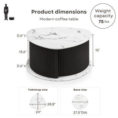 HOMES: Inside + Out Elara Modern 29-inch Triangle Coffee Table with Marble Tabletop, Fluted Iron Pedestal Base and Hidden Storage for Small Space, Living Room, Home Office, Black