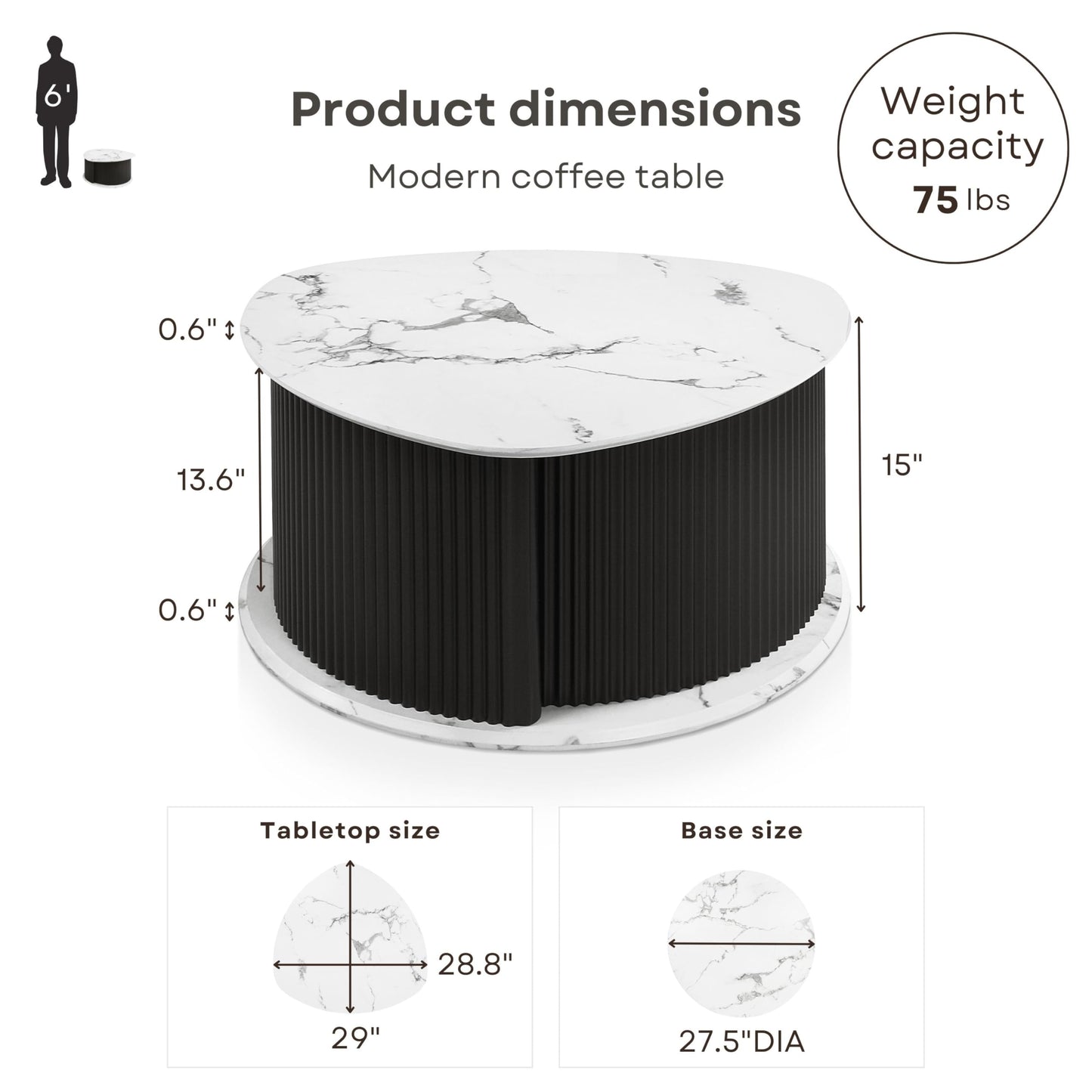 24/7 Shop at Home Cresunt Modern Faux Marble 29.5 in. Coffee Table with Curve Triangular Iron Base, Hidden Compartment Storage for Living Room, Black and White Marble