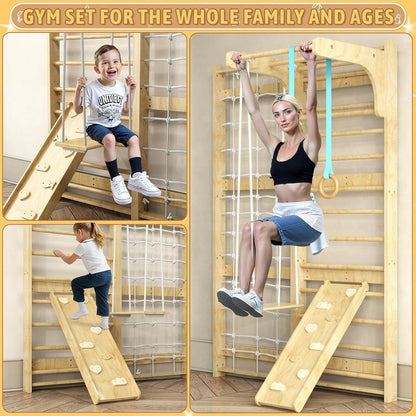 7-in-1 Swedish Ladder, Wooden Climbing Wall Ladder for Kids and Adults, Montessori Climber Playset with Pull-Up Bar, Indoor Climbing Gym, Kids Playground