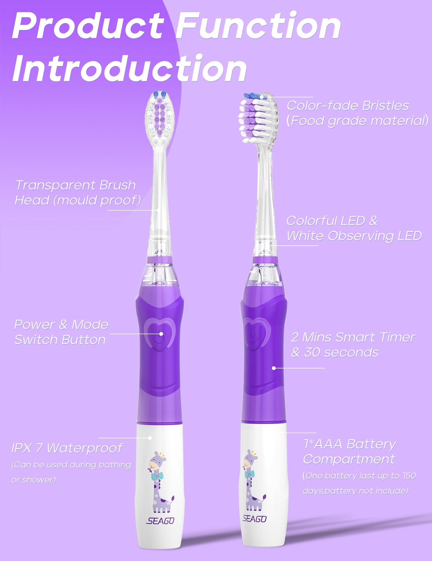 SEAGO Kids Electric Toothbrush with 2 Mins Brushing Timer and 4 Replacement Bursh Heads, Rainbow LED Light Make Brushing Fun, Boys Battery Powerd Toothbrush for 4-12 Years Old，SG-977 (Light Blue)