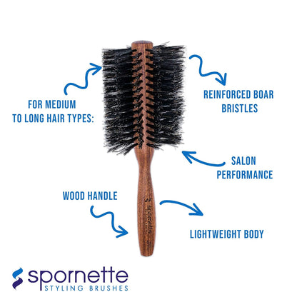 Spornette Italian Rounder Boar Bristle Round Hair Brush for Women & Men - Large Round Brush for Blow Drying, Styling & Volumizing - Wooden Brush for Medium to Long Thick, Fine, Curly or Straight Hair