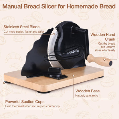 Manual Bread Slicer for Homemade Sourdough Bread, Hand Crank Bread Slicer with Scale Line,Metal Guide & Adjustable Thickness Bread Loaf Slicer,Sharp Blade Bread Cutter for Sourdough Bread