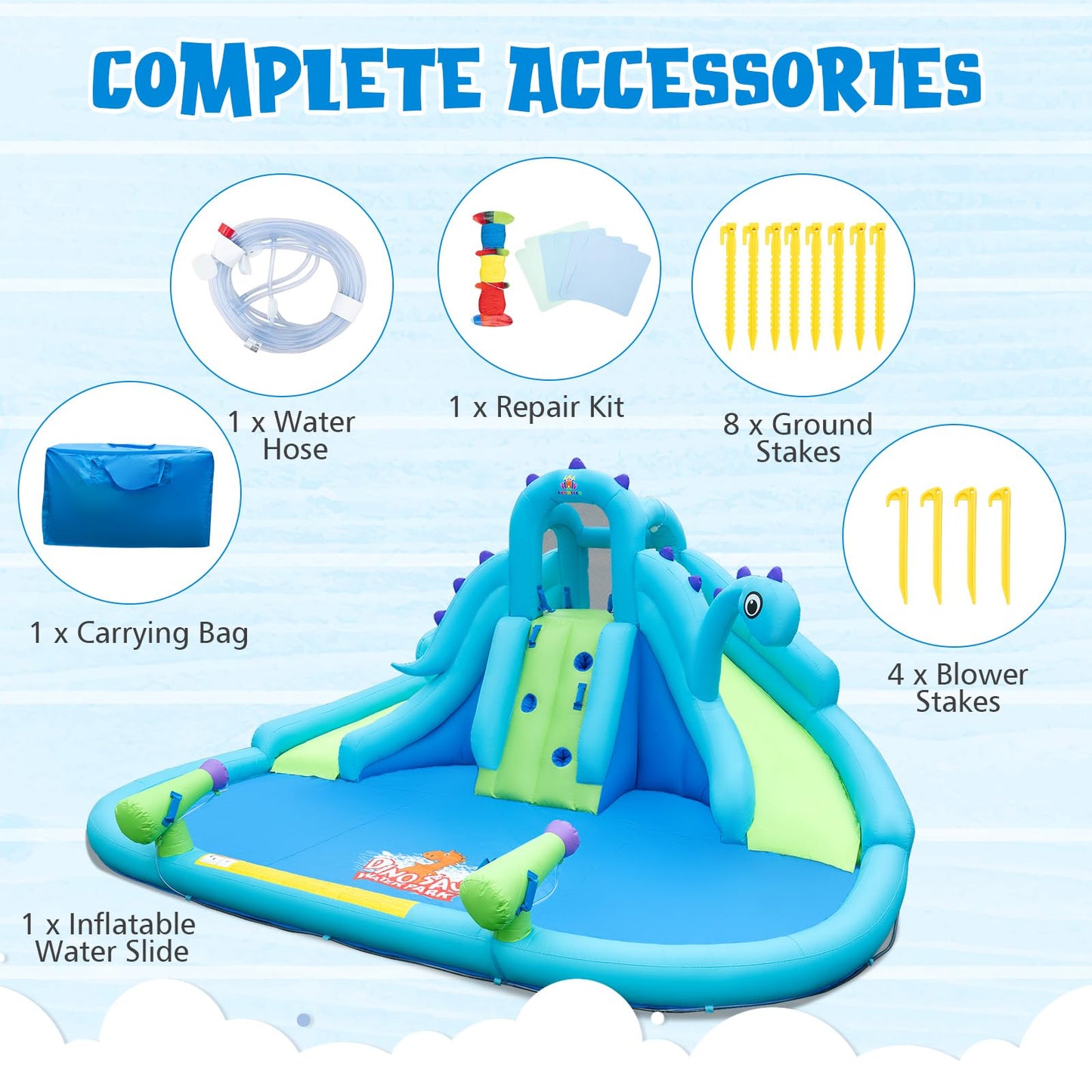 BOUNTECH Inflatable Water Slide Park with Dinosaur, Double Slides Mega Water Park Bounce House with Climbing Wall, Bouncy Castle for Outdoor Backyard, Blow up Water Slides Inflatables for Big Kids