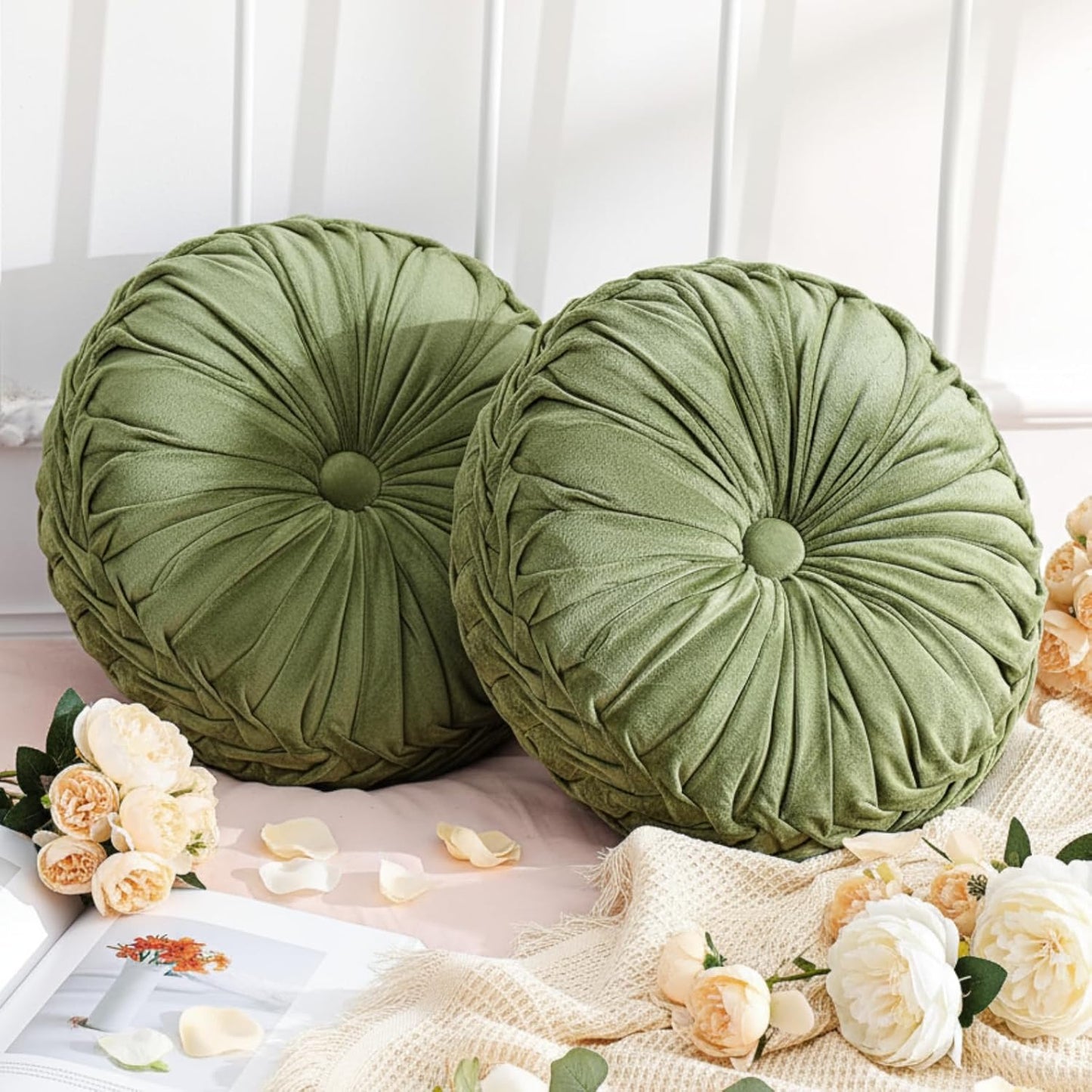 2 15'' Drydiet Pcs Round Throw Velvet Pillows Decorative Pleated Throw Pillows Diameter Accent Pumpkin Boho Chair
