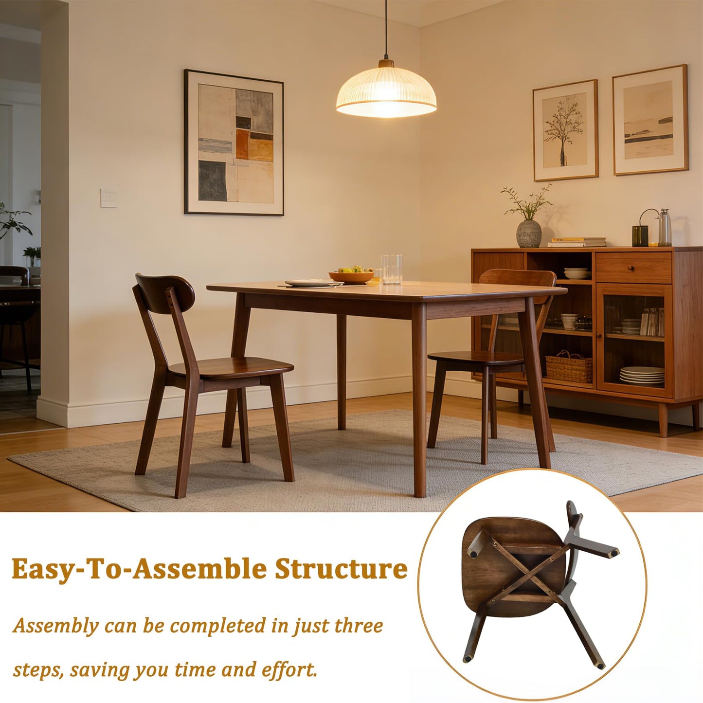 KEIKI Solid Wood Dining Chairs Set of 6, Mid Century Modern Kitchen Dinner Chair with Adjustable Foot Pads, Walnut Side Chairs Set for Dining Living Room, Curved Backrest, Easy Assembly, Brown