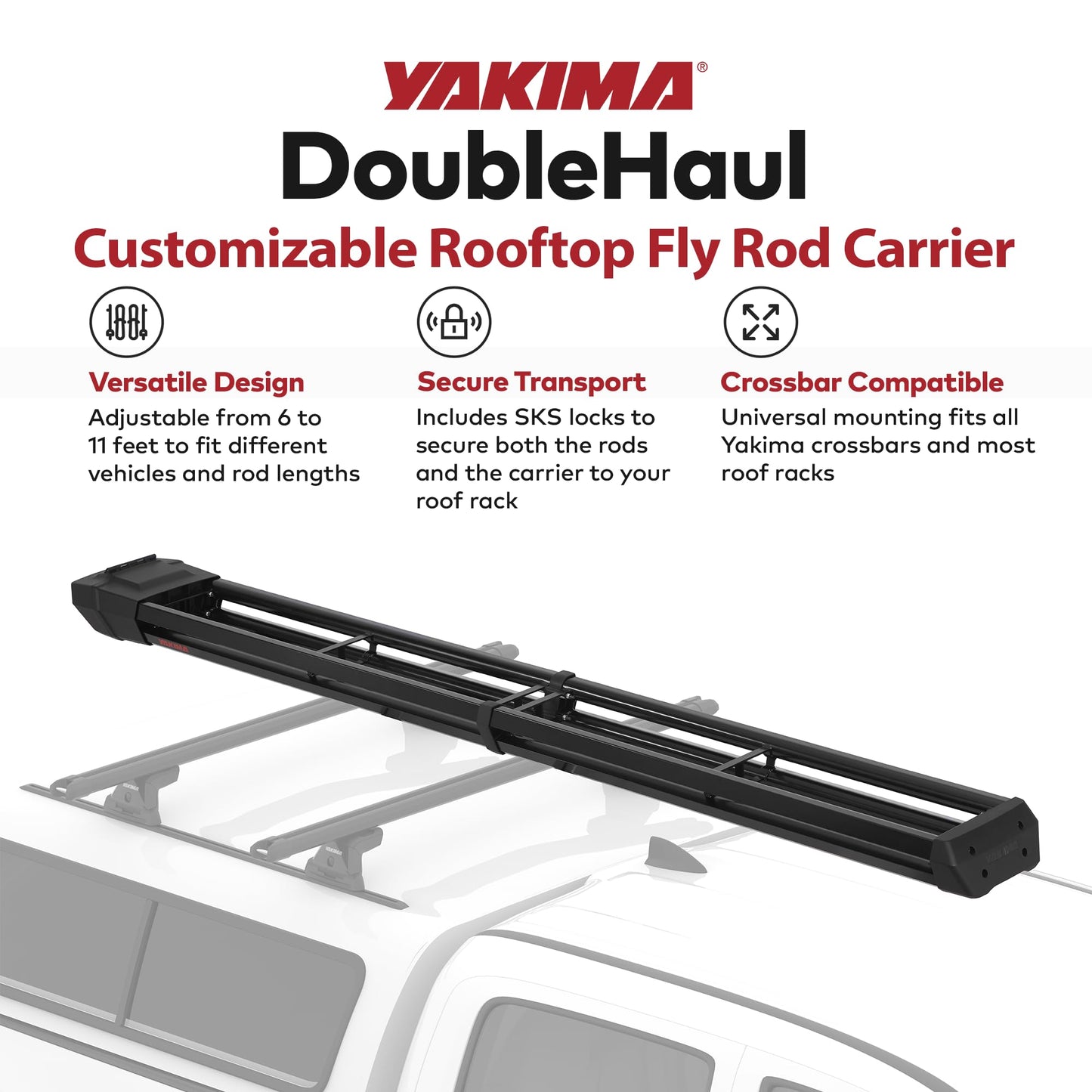 Yakima Rooftop Fly Rod Carrier, Adjustable Length Holder for up to 4 Fly Fishing Poles up to 10 Ft Long – Felt Padding, Reel Box & Tubes for Secure Gear Storage, DoubleHaul