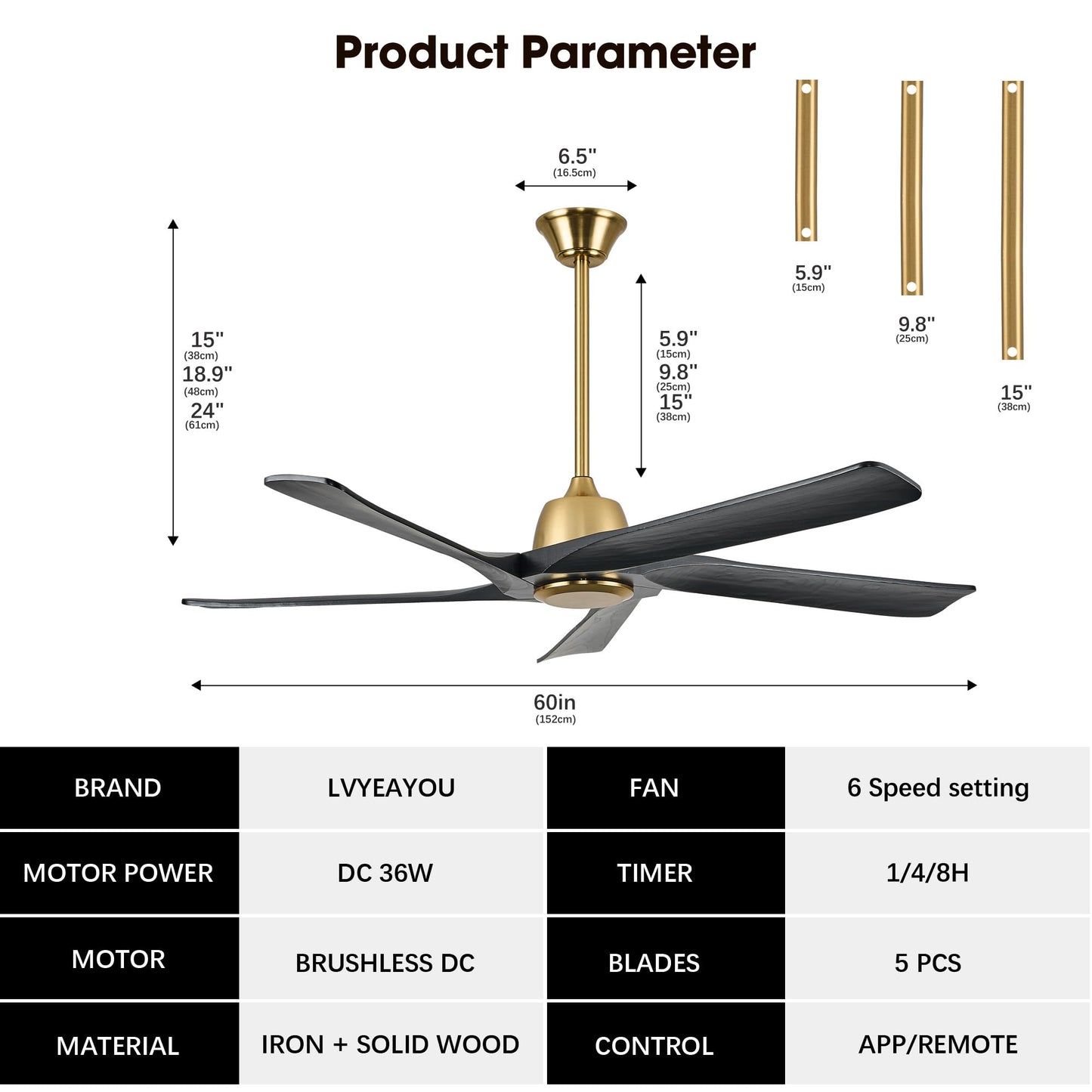 LVYEAYOU 60" Black and Gold Ceiling Fan No Lights, Remote and APP Control, 6-speed Reversible, Quiet DC Motor, Wood Ceiling Fans for Bedroom, Living Room, Office, Outdoor Patio