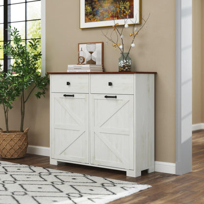 WEALTHGIRL Farmhouse Double Tilt-Out Trash Cabinet for 20-Gallon Trash Cans,Recycling Cabinet with Hidden Drawer, Barn Door Style Laundry Sorter Cabinet,for Kitchen, Bathroom, and Living Room