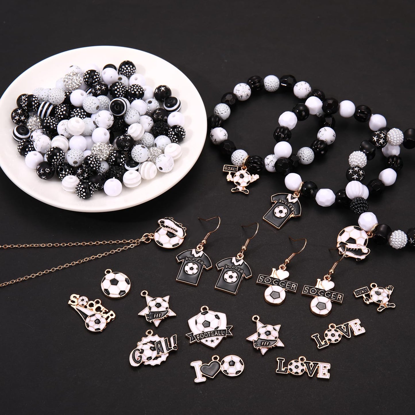 2500PCS+ Soccer Beads Charms for Bracelet Making Black White Acrylic Crystal Heishi Clay Beads Enamel Soccer Ball Jersey Charms for Game Day Bracelet Necklace Earrings Making DIY Crafts (Black White)