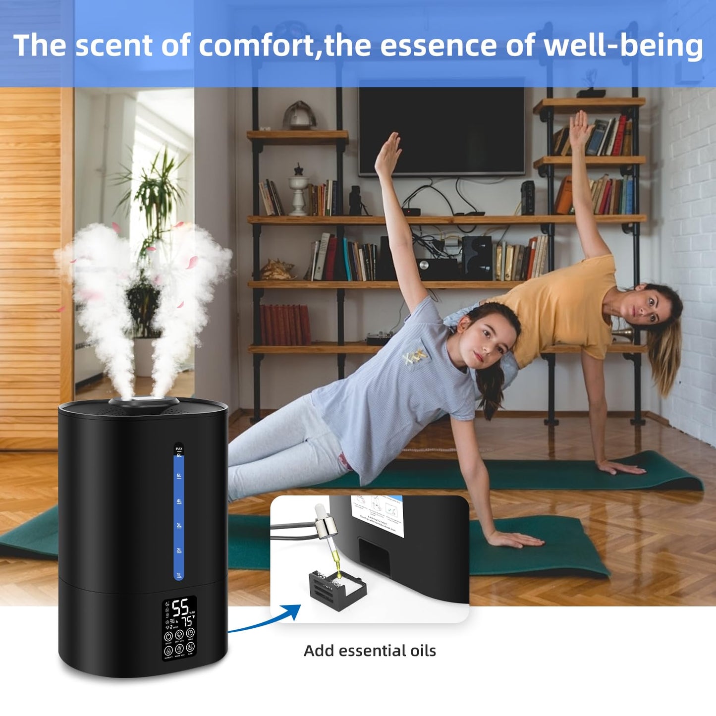 6L Humidifiers for Bedroom Large Room Home, Cool and Warm Humidifier for Plants Mist Top Fill Desk Humidifier Essential Oil Diffuser, Quiet Humidifiers with Adjustable Mist,360°Nozzle-Midnight Black
