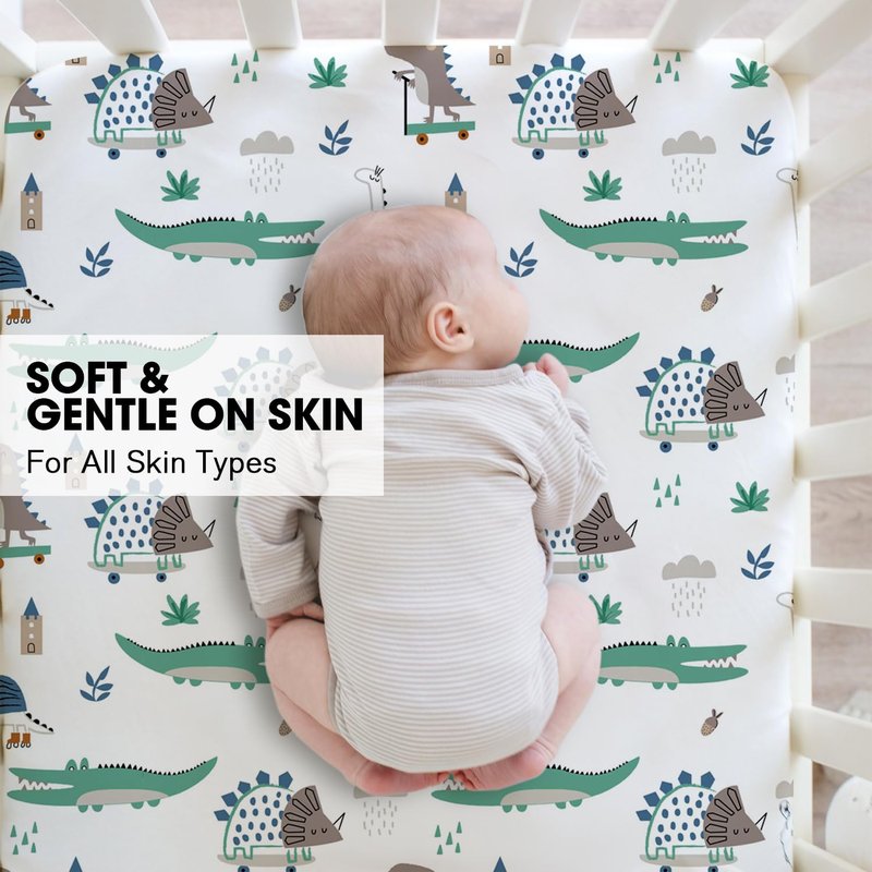 Little Grape Land Crib Sheets 4 Pack for Boys and Girls, Baby Neutral Crib Fitted Sheets for Standard Crib & Toddler Mattress, Super Soft Breathable Fitted Crib Sheet Set (Truck & Alligator)