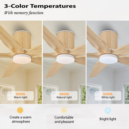 LEDLUX 54" Ceiling Fan with Light - Low Profile Flush Mount Ceiling Fan, 6-Speed Remote Control, Solid Wood, Quiet Reversible DC Motor, Wood/White Finish, for Bedroom, Living Room, Porch