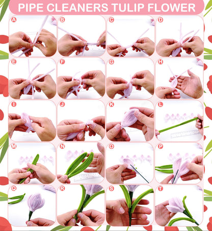 Pipe Cleaner Flower Kit Pink, 600PCS Pipe Cleaners Bulk for Flowers, Pipe Cleaners Craft Set, Chenille Stems Flower Making Kit with Floral Wires, Tape, Glue Sticks, Stamen, Wrapping Paper, Ribbon Card