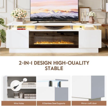 OneBlis 70" Fireplace TV Stand for TVs UP to 80", Electric Fireplace Entertainment Center with LED Lights & Storage Cabinets, TV Console for Living Room, Office, White-Black