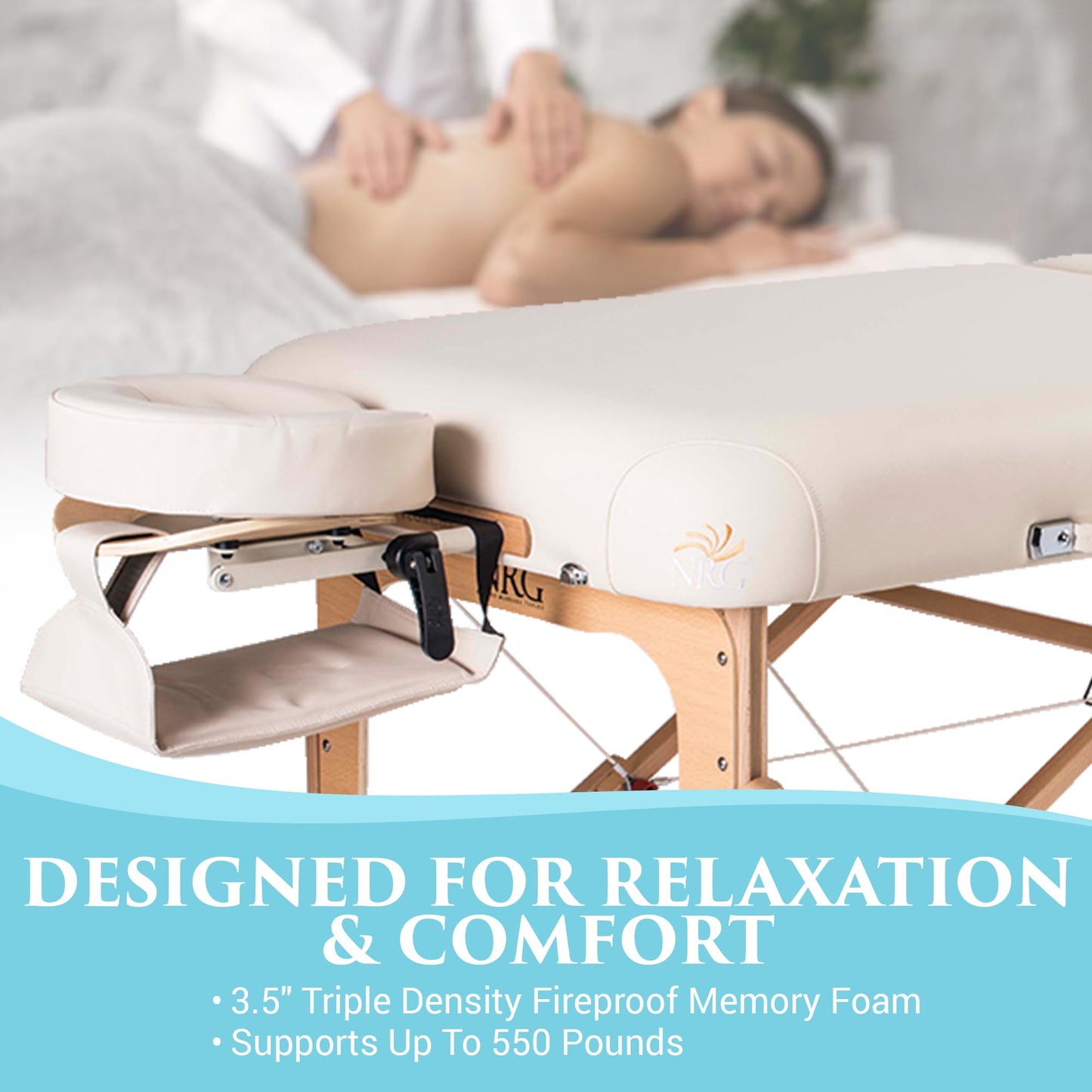 NRG Vedalux Portable Massage Table Package | Vanilla Cream | Folding Lightweight Massage Bed | Professional Spa Table with Face Cradle, Hanging Armrest & Carrying Case