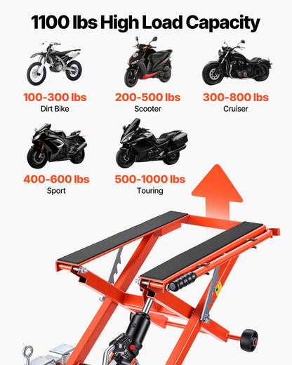 VEVOR Hydraulic Motorcycle Lift Jack, 1100 lbs Capacity, Scissor Lift Jack Portable Motorcycle Hoist Stand with 6 Wheels, 4.72"-15.15" Height Range, Hydraulic Foot-Operated Hoist Stand for Dirt Bikes