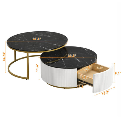 Merax 27.6" Modern Round Nesting Coffee Table Fluted with Drawer for Home Living Room, Black & Gold