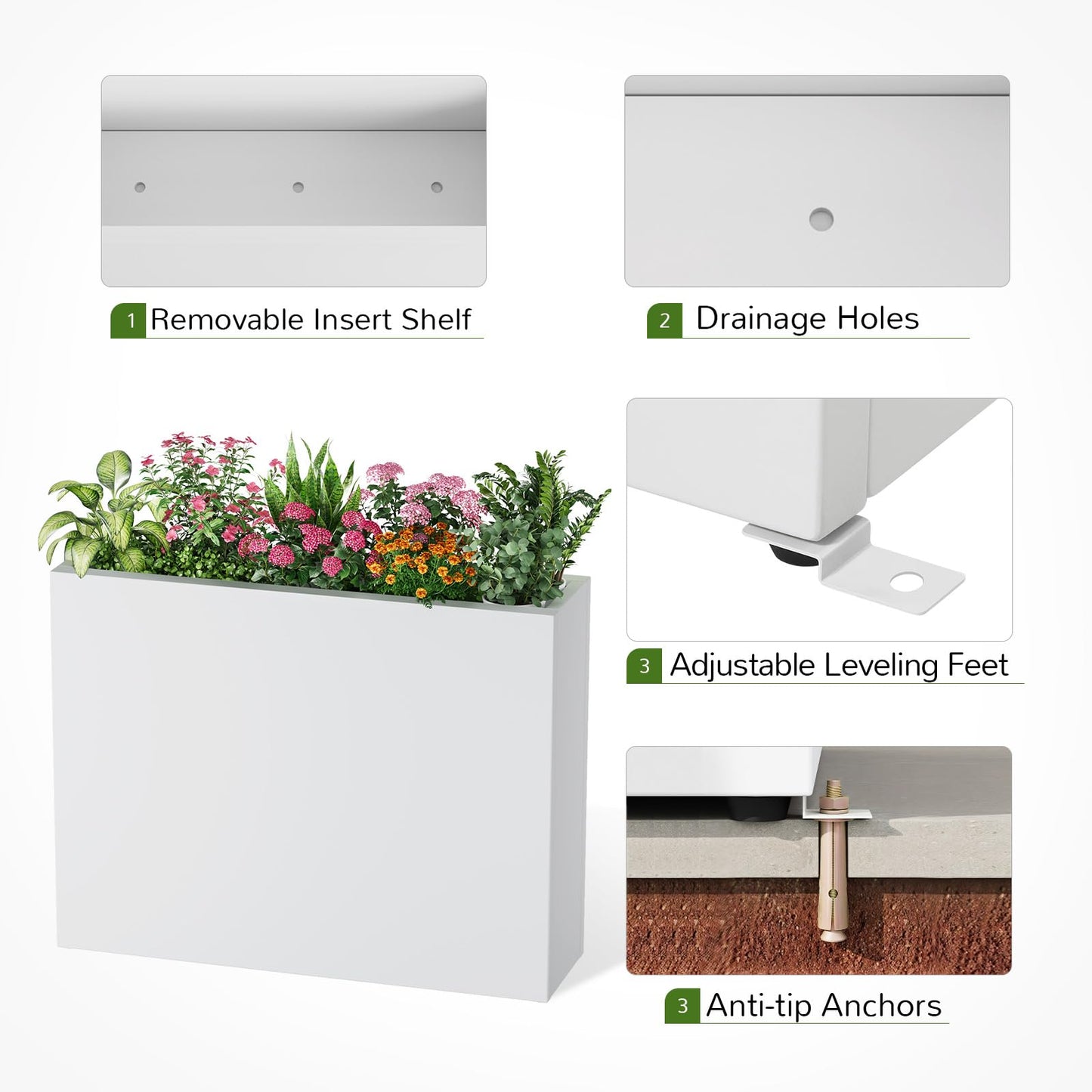 Stoog 38" Large Planters for Outdoor Plants Set of 2, Rectangular Metal Planter Box with Removable Insert Shelf, Ideal for Plants, Flowers, Vegetables, Garden, White