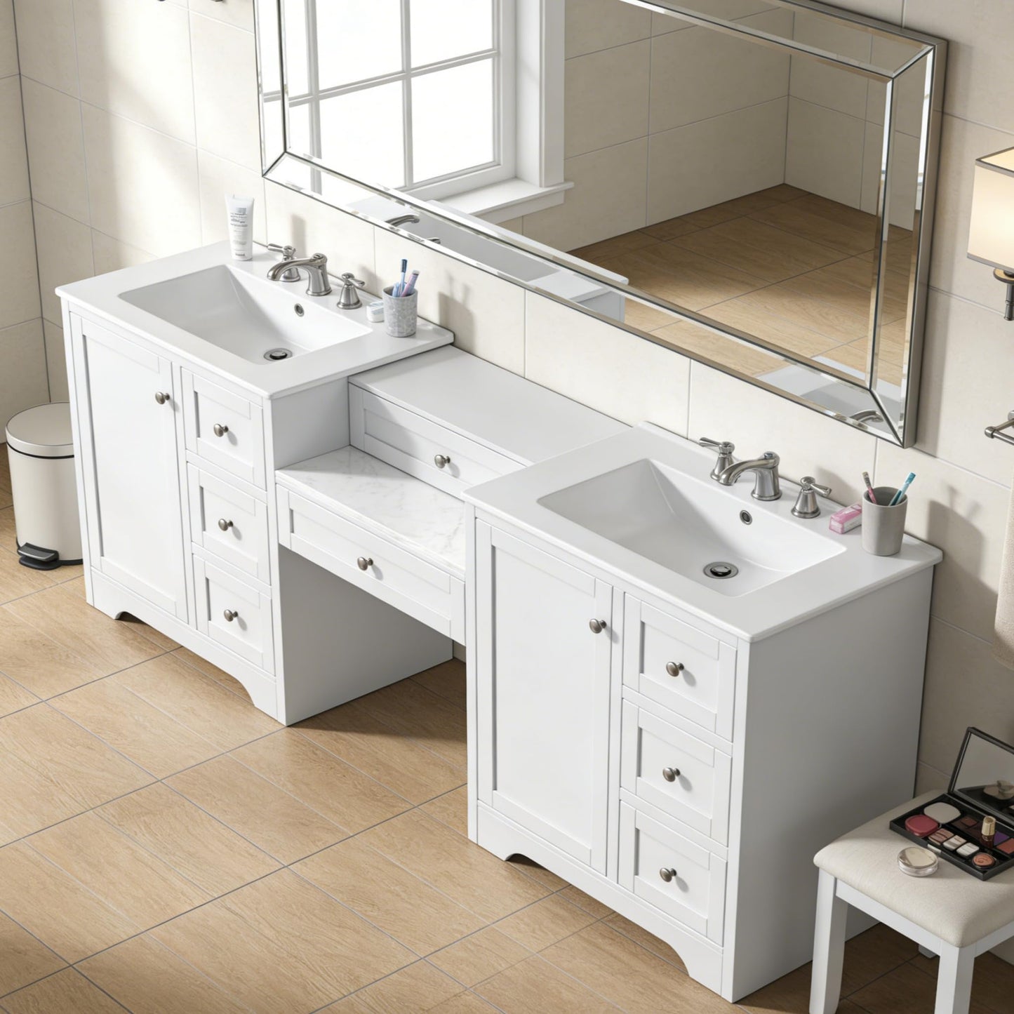 Merax 84" Double Sink Bathroom Vanity with Engineered Stone Countertop & 2 Ceramic Sinks,Large Storage Vanity with 6 Soft Close Drawers,Silver Metal Knobs for Master Bathroom,Family Bath,White