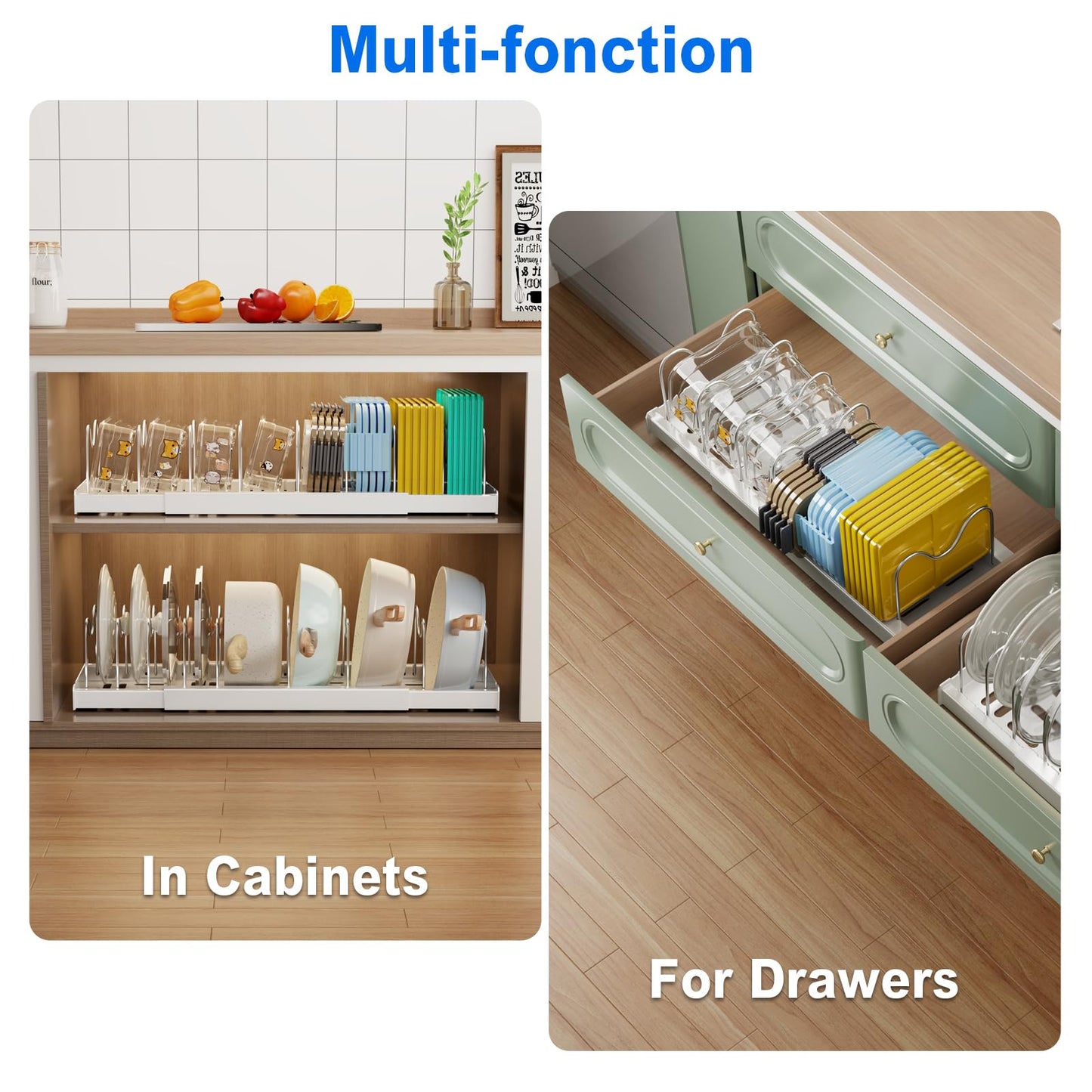 Mustorn 2 Pack Pots and Pans Organizer Under Cabinet, 22" Expandable Food Storage Container Lid Organizers with 9 Adjustable Dividers Pot and Pan Lid Holders Rack Inside Cabinet/Countertop(White)