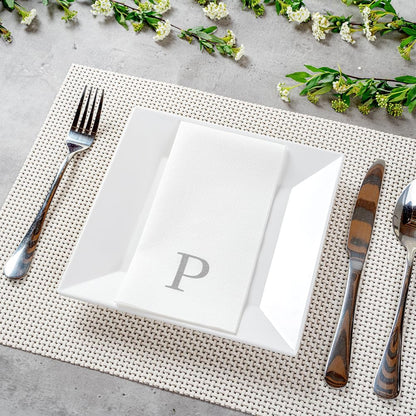 15.8 7.9 Inch 50 Luxenap X Linen-Feel Guest Towels, Lettered Hand Towels - Silver Letter 'P', Sans Serif Font, White