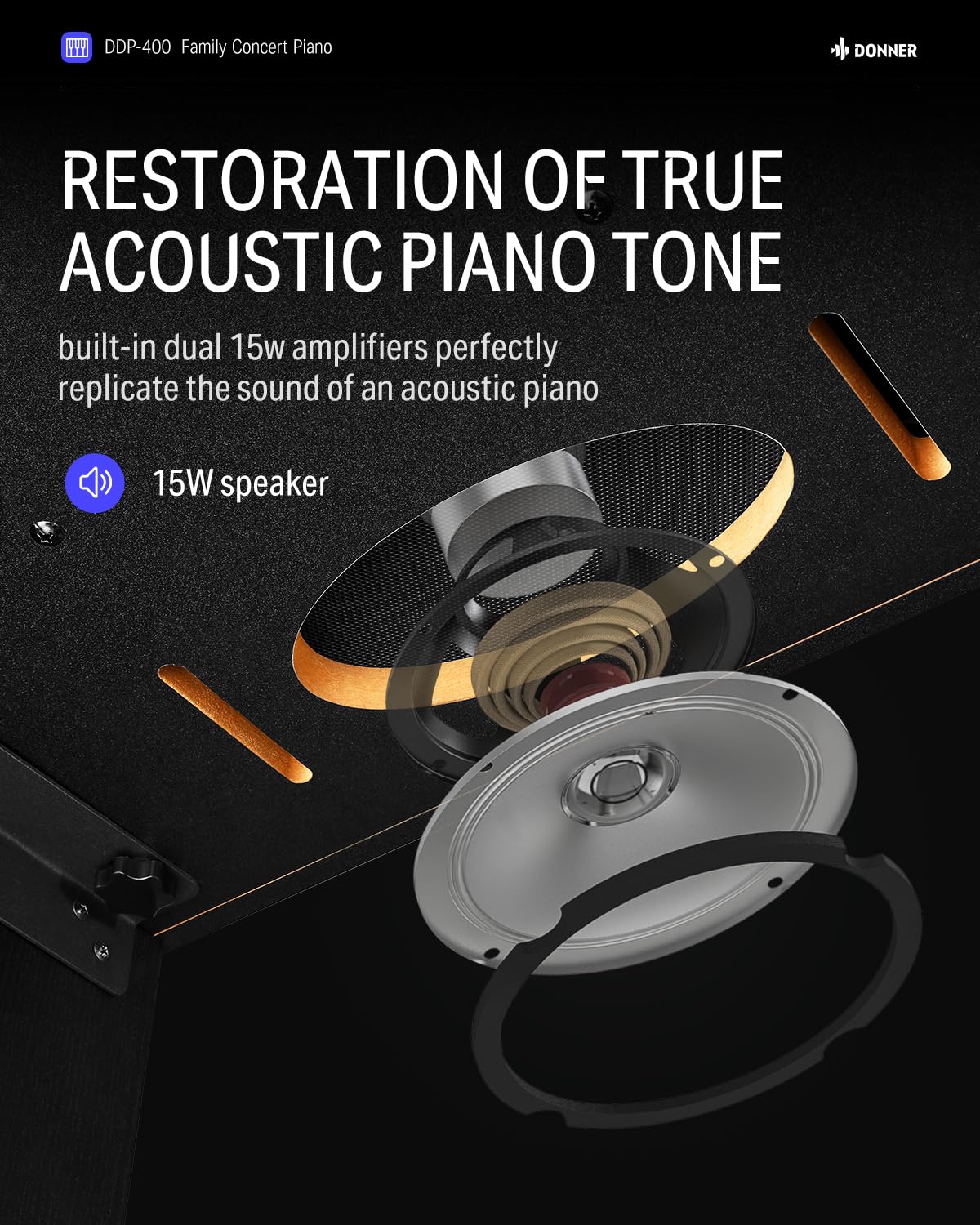 Donner DDP-400 Digital Piano with 88 Key Progressive Weighted Keyboard, Premium Upright Piano Keyboard for Professional, Bundle with Headphone, Bluetooth, Record,138 Tones,100 Rhythms, LCD, Brown