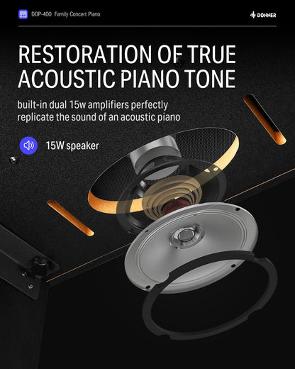 Donner DDP-400 Digital Piano with 88 Key Progressive Weighted Keyboard, Premium Upright Piano Keyboard for Professional, Bundle with Headphone, Bluetooth, Record,138 Tones,100 Rhythms, LCD, Brown