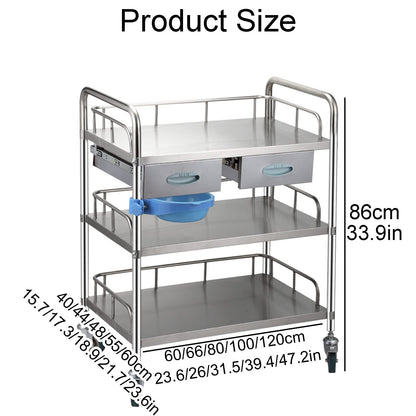 Medical Cart, Stainless Steel Utility Cart Catering Cart, Larger 3 Shelf Heavy Duty Lockable Hospital Cart Medical Cart, With 360°Rotate Wheels Mobile Care Car Clinic Carts ( 120x60cm(47.2x23.6in))