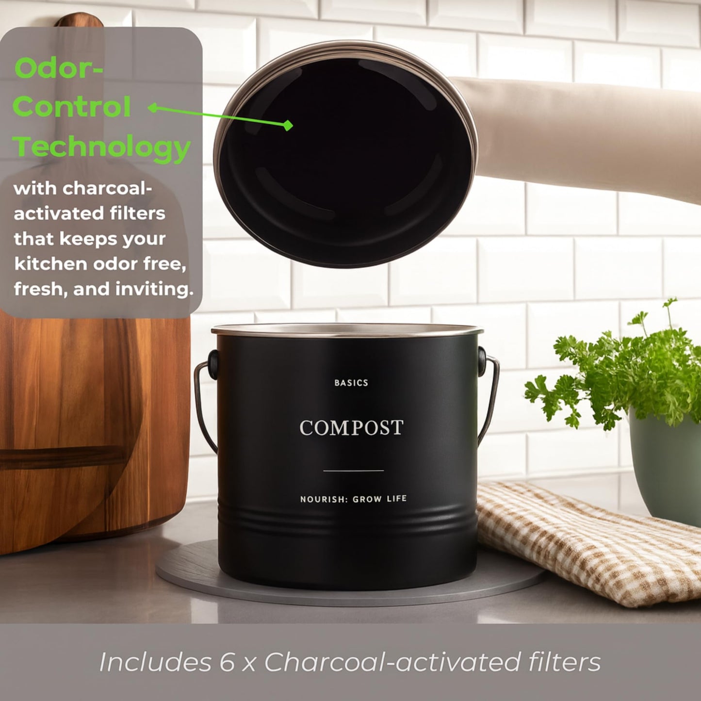 D'Lifeful Kitchen Compost Bin – 1.3 Gallon Countertop Farmhouse Compost Container with Lid – Odorless Indoor Food Scrap Pail with 6 Charcoal Filters – Eco-Conscious and Easy to Clean (Black)