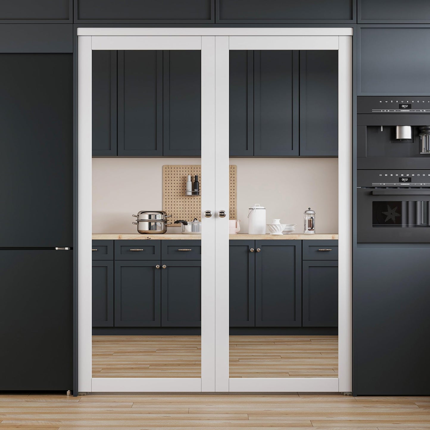 French Pivot Door for 80" x 60" Opening, Double Mirror Door Panels with Pivot Hardware, White, Water & Scratch-Resistant Surface
