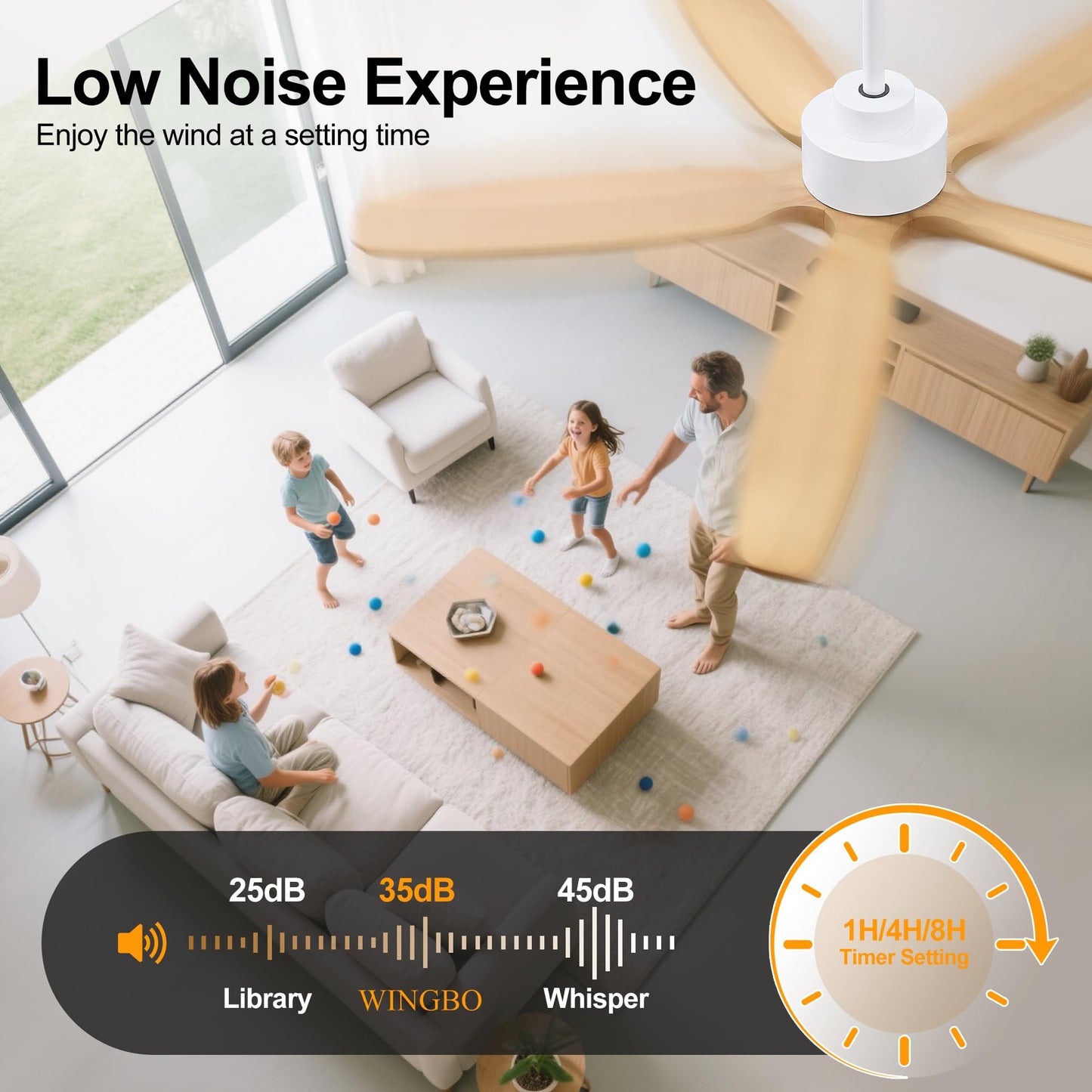 WINGBO 54" Ceiling Fan with Light - 5 Carved Solid Wood Blades, 6-Speed Reversible DC Motor, Dimmable, 3CCT, Noiseless Remote Control Ceiling Fans with Lights for Bedroom Living Room, White and Oak
