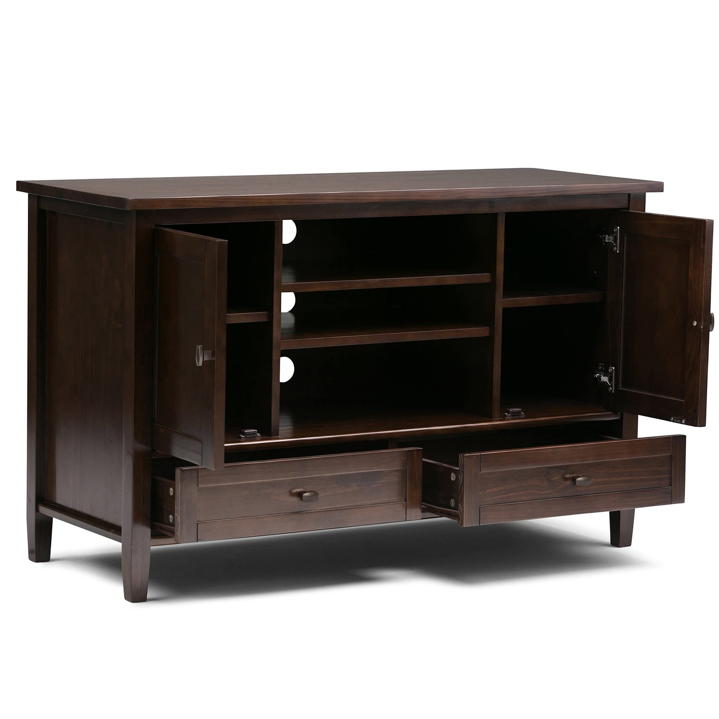 SIMPLIHOME Warm Shaker TV Stand - 47 inch Wide Solid Wood Media Console in Tobacco Brown, Transitional Entertainment Center for TVs up to 50 Inches with 2 Cabinets, 2 Drawers, and Cord Management