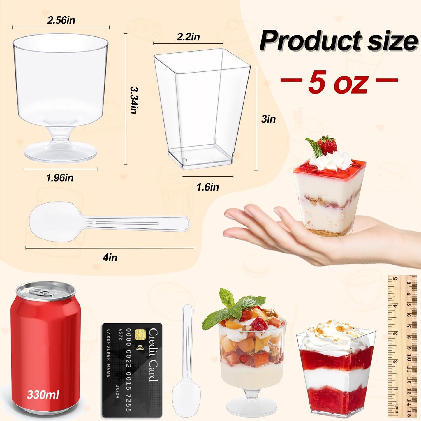 320-Pack Dessert Cups with Spoons 5 oz Mini Plastic Dessert Cups for Party Yogurt Parfait Jello Fruit Appetizer Cocktail Small Clear Reusable Square and Round Goblet-Shaped Dessert Bowls Shot Glasses
