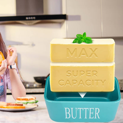 Lovelyduo Large Butter Dish with Lid for Countertop Ceramic Butter Container with Knife Holder Spreader Double Silicone Seals Butte Keeper Rectangle Blue
