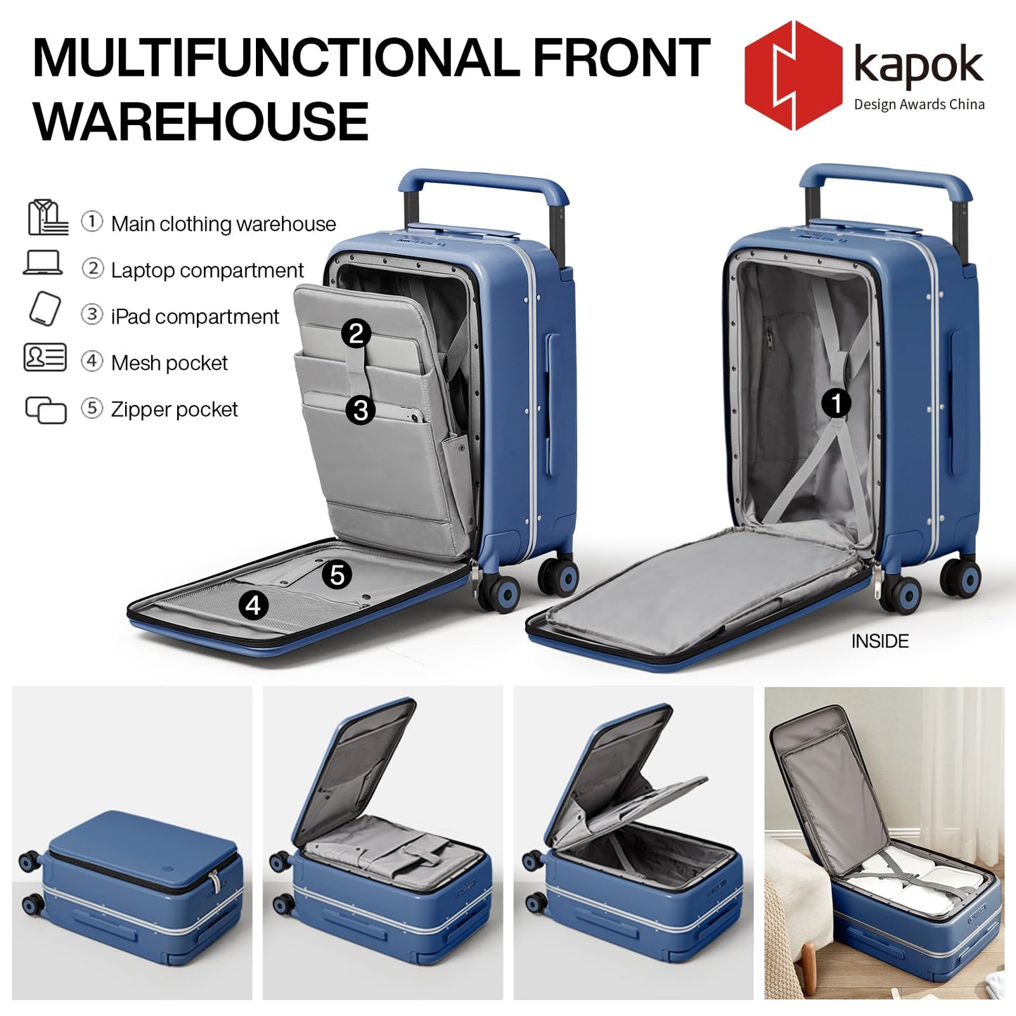 mixi Carry On Luggage Wide Handle Luxury Design Rolling Travel Suitcase PC Hardside with Aluminum Frame Hollow Spinner Wheels, with Cover, 20 inch, Sapphire Blue