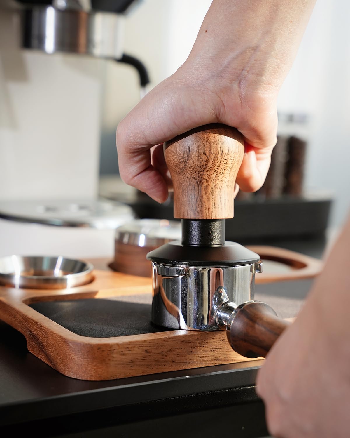 KOFIKOFI Coffee Tamper 53.3mm - 3 Spring Loaded Espresso Tamper with 30lbs Calibrated Springs and Sound Feedback - Barista Walnut Tamper With Stainless Steel Ripple Base - Fits 54mm Portafilter