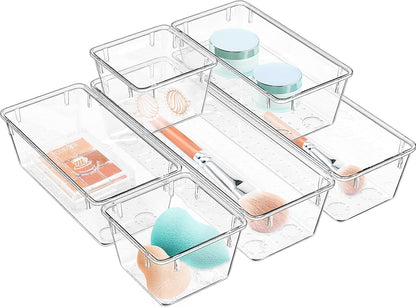 WOWBOX Clear Drawer Organizer Set - 6 Acrylic Storage Trays for Makeup, Jewelry, Office Supplies