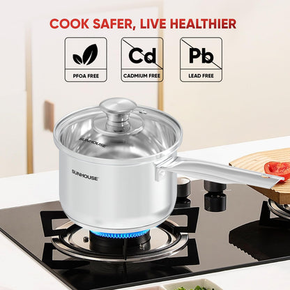SUNHOUSE – 1.5 Quart Stainless Steel Sauce Pan with Lid - PFOA-FREE, Stainless Steel Sauce Pan, Induction base, Stay-Cool Handle, Compatible with All Cooktops Gas, Geramic, Electric etc.
